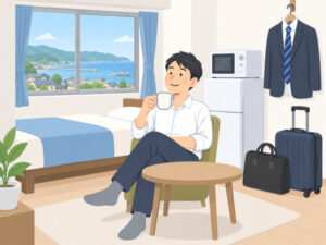 単身赴任先の部屋でくつろぐ男性