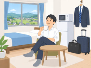 単身赴任先の部屋でくつろぐ男性